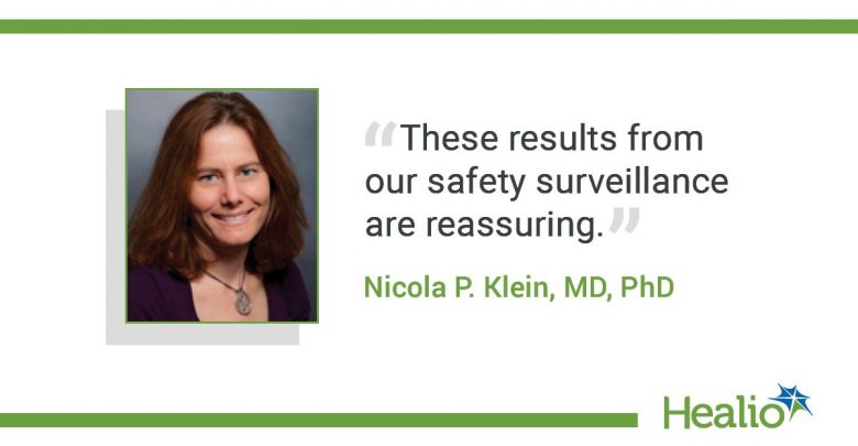 The quote is: “These results from our safety surveillance are reassuring.” The source of the quote is: Nicola P. Klein, MD, PhD.
