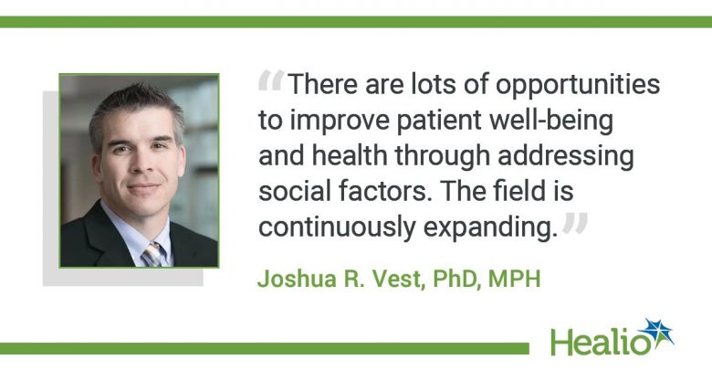 An IG with a quote that reads: “There are lots of opportunities to improve patient well-being and health through addressing social factors. The field is continuously expanding.” The source of the quote is: Joshua R. Vest, PhD, MPH.