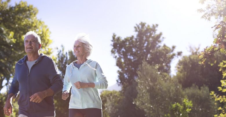 elderly couple running, exercise, physical activity